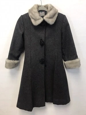 Rothschild Coat Girls 10 Gray Wool Princess Swing Style Fur Collar Roses Button - Image 1 of 4