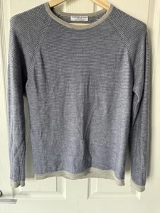 Johnstons Of Elgin Crew Neck Jumper Cashmere Silk Blue Grey Stripe Medium 44’’ - Picture 1 of 10
