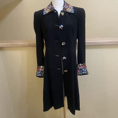 VTG Zelda Embroidered Black Coat Women's Tag Size 2 Floral Covered Buttons - Image 1 of 4
