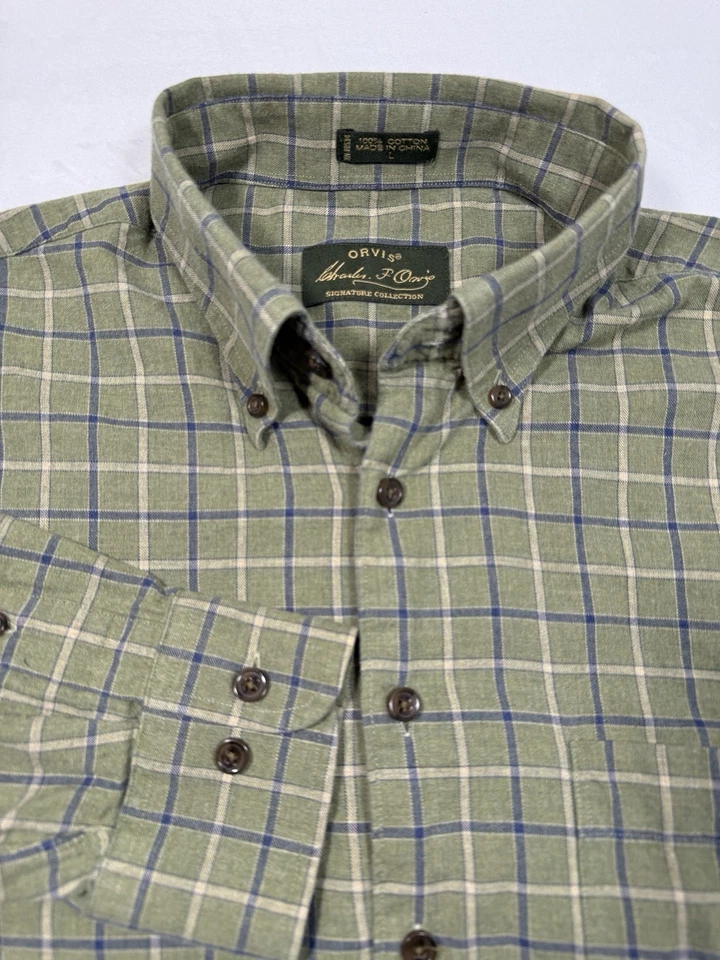 Camisa deportiva Orvis Signature verde/azul a cuadros con botones para hombre L algodón al aire libre Foto 1 de 4