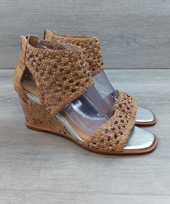 Sandalias de cuña de corcho Donald Pliner Lagos punta plateada correas tejidas cremallera para mujer 9M Foto 1 de 4