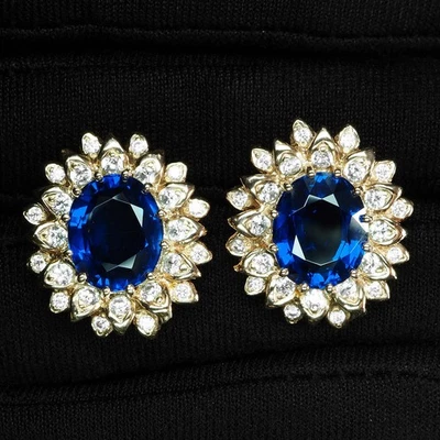 Orecchini floreali, zaffiro blu reale 11,40 ct argento sterling 925 oro vaniglia - Immagine 1 di 4