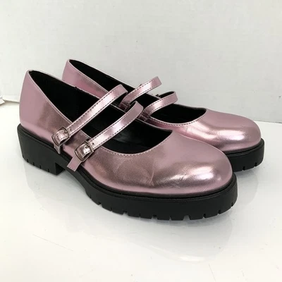 Soda Talla 10 Rosa Metálico Tacón Grueso Suela Maryjane Zapatos Doble Correa Dolly Foto 1 de 4