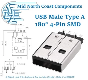 USB Male Type A Plug 180 Degree 4-Pin SMD SMT Jack Solder Connector - Picture 1 of 3
