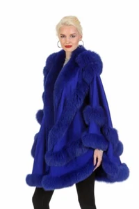 Capa de cachemira azul real con adorno de piel de zorro para mujer estilo emperatriz - Imagen 1 de 3