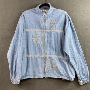 Vintage 90's Floral Embroidered Jean Jacket Size Large Zip-Up Pockets Festival - Picture 1 of 15