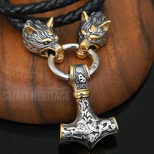 Men Viking Leather Cord Wolf Thor Hammer Necklace Norse Mjolnir Odin Pendant - Picture 1 of 29
