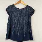 Calypso St. Barth Silk Sequined Beaded Blouse Short Sleeved Top Navy Size Small