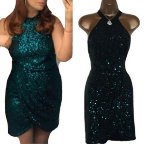 Lipsy Green Sequin Mini Dress 14 12 Halter Evening Party Wedding Occasion - Picture 1 of 20