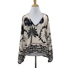 Venti6 Blouse Womens M Champagne Black Floral Wide Sleeve V Neck High Low Top