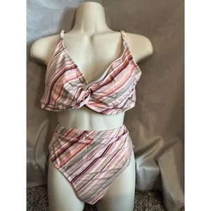 Aqua Couture Striped Bikini Set High Waist Twist Front Pink L XL - Picture 1 of 3