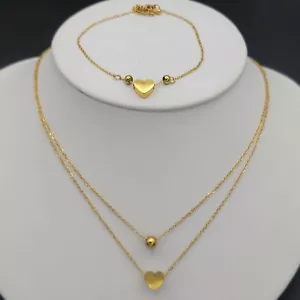 Stainless Steel 24K Gold Plated Heart Double Layer Necklace & Bracelet Set Acero - Picture 1 of 4