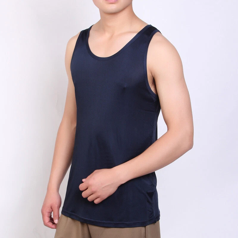 Men's Knitted Silk Top Men's Vest For Mulberry Silk Solid Color Sports Base Vest - Image 1 of 4