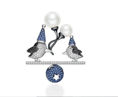 Cute Two Penguin Seesaw With Pearl 2.02CT Blue & White Sapphire Women's Brooch - Image 1 of 4