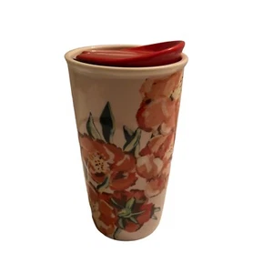 2015 Starbucks 10 Oz Keramik Rot Rosa Mohn Blumen Becher Reisebecher mit rotem Deckel - Bild 1 von 8