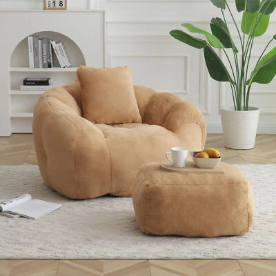Giant Bean Bag Chair w/Footstool Oversized Faux Fur Floor Sofa for Living Room - Image 1 of 4