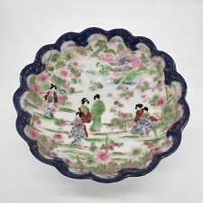 Antique Japanese Blue Rim Hand Painted Geisha Scene Bowl Scalloped Porcelain