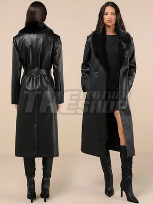 Women’s Sheep Leather Trench Coat Black Genuine Leather Winter Coat Custom Made - Image 1 of 4