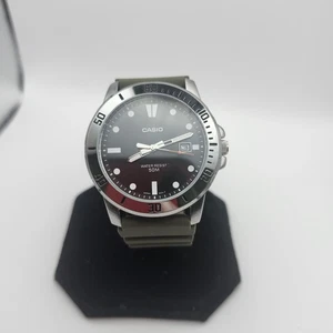 Casio Watch Mens 43mm Black Dial Olive Green Strap Date 50M Water MTP-VD01 - Picture 1 of 10