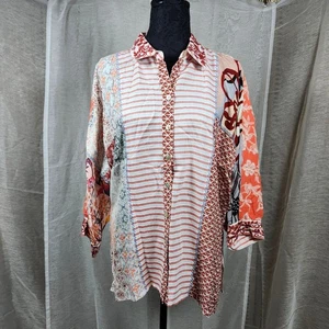John Mark Neu mit Etikett S/M Patchwork Tunika-Top mit Knopfleiste – künstlerischer Boho-Stil - Bild 1 von 9