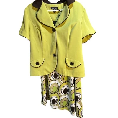 Dana Kay Women's Lime Green Brown Trim Short Sleeve Blazer Skirt Set Size 14 - Image 1 of 4