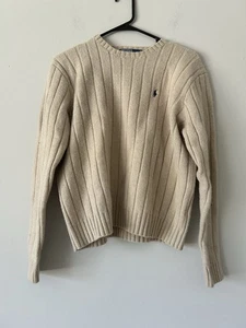 Ralph Lauren Rare 100% Lambswool Soft Ribbed Tan Crewneck Sweater Size L Flaw - Bild 1 von 9