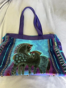 Borsone vintage Laurel Burch indaco cavallo tela mare puledro zip tote bag - Foto 1 di 13