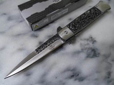 Snake Eye Assisted Open Blackwash Skulls Stiletto Pocket Knife Dagger SE-1022SS