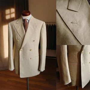 Men's Suit Beige Peak Lapel Double Breasted Business Casual Formal Regular Fit - Picture 1 of 16