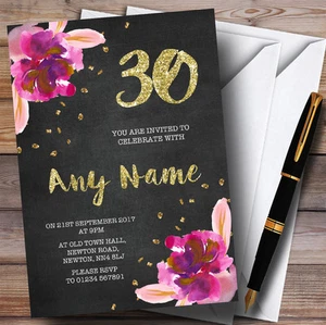 Chalk Gold Confetti Pink Flowers 30th Personalised Birthday Party Invitations - Picture 1 of 1