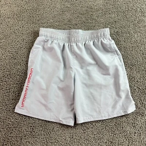 Under Armour UA Tech Shorts Boys Large Gray Red Wordmark Lightweight Pockets - Picture 1 of 12