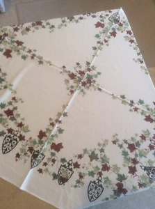 Vintage Cotton Tablecloth MCM Ivy and Trivets Green Brown Black 45x52” Nice! - Picture 1 of 4