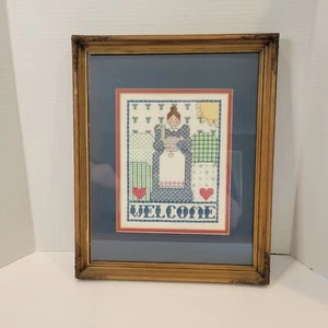 Vintage Framed Cross Stitch Completed Country Welcome Farmhouse Cottagecore - Picture 1 of 7
