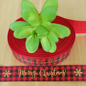 1 Inch (1 YD) Merry Christmas Grosgrain Ribbon Gift Wrap Bow Buffalo Plaid - Picture 1 of 1
