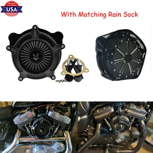 Black Air Cleaner Grey Intake + Rain Sock Fit For Harley Touring 08-16 Softail - Picture 1 of 12