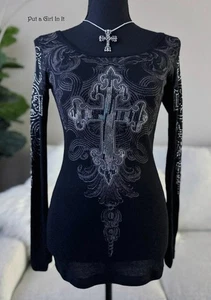 Nueva CAMISA VOCAL Mujer CRISTAL NEGRA PLATA LENTEJUELAS CRUZ MANGA LARGA S Pequeña Y2K - Imagen 1 de 4