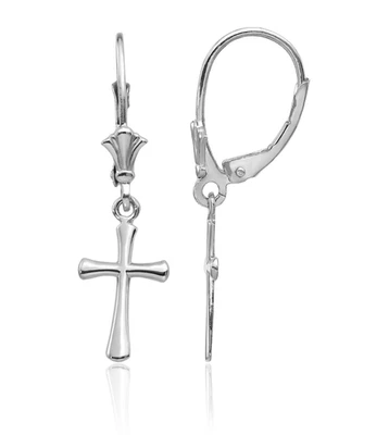 10K Solid White Gold Cross Dangle Earrings - Image 1 of 4