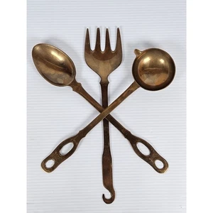 Vintage Solid Brass Oversized 12" Decorative Fork, Spoon, & Ladle Set - Picture 1 of 3