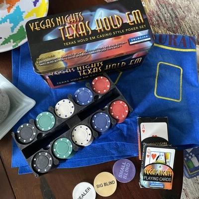 200 Poker Game Texas Hold Em Set Gaming Mat Chips 2 Decks Playing Card With Box - Image 1 of 4