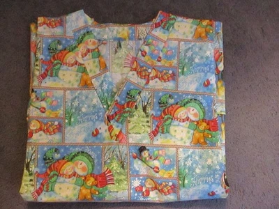Blusa Médica Navidad Muñecos de Nieve Retazos Hecha a Mano Azul Algodón Talla Med 34-36 Foto 1 de 4