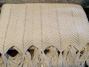 Vintage Handmade Ivory Crochet Knit Afghan Throw Blanket Cable Knit Tassels - Picture 1 of 10