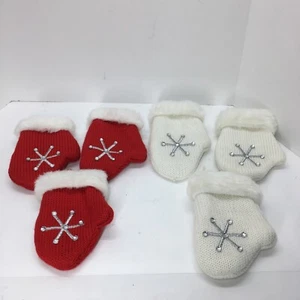 4" Christmas Ornament Set Of 6 Red White Knit Silver Embroidery Mittens Gloves - Picture 1 of 9
