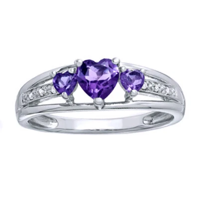 Heart-Shaped Amethyst and Diamond Accent Three Stone Promise Ring 10K White Gold - Image 1 of 2
