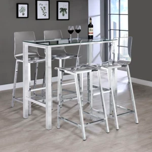 5 PC SILVER DINING BAR TABLE CLEAR ACRYLIC CHAIRS DINING ROOM FURNITURE SET - Picture 1 of 14