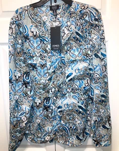 NEW $79 TAG Jones New Your Woman's Blue Paisley V Neck Poly Tunic Blouse Size L - Picture 1 of 6