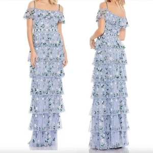 NEW Mac Duggal 9069 Blue Floral Beaded Chiffon Ruffle Tiered Maxi Dress 6 $698 - Picture 1 of 11