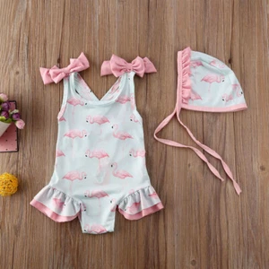 NEW Girls Flamingo Ruffle Swimsuit Bathing Suit & Hat Set 2T 3T 4T 5T - Picture 1 of 9