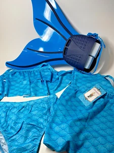 Blue 4 Piece Girls Mermaid Tail Monofin Bikini Swimsuit Set for Kids Size 4Y-10Y - Picture 1 of 12