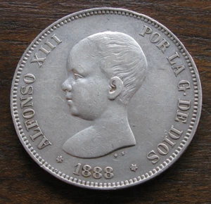ZALDI2010 - Alfonso XIII, 5 Pesetas D'1888 Etoiles 18 - 88. argent - Picture 1 of 3