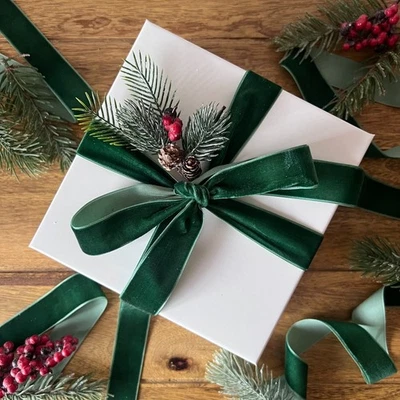 Christmas Velvet Ribbon Dark Green Luxury Gift 25mm Full Spool or Cut - Image 1 of 2